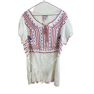 Pink Mode Floral Embroidered Ivory Tunic Blouse Crinkle Boho Women’s Plus Sz 2X